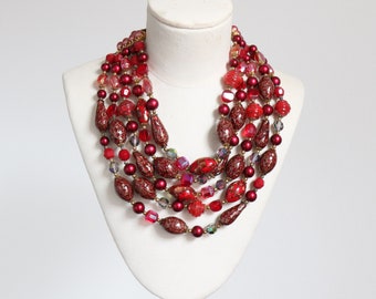 vintage 1950's red glass multi strand beaded necklace original 1950's red Murano glass multistrand necklace glass Murano midcentury necklace