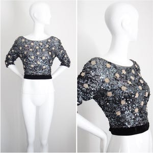 Vintage 1960&#39;s vintage blouse vintage 1960&#39;s sequin blouse sequin silk velvet blouse 1960&#39;s evening blouse cocktail top grey UK 8-10 US 4-6