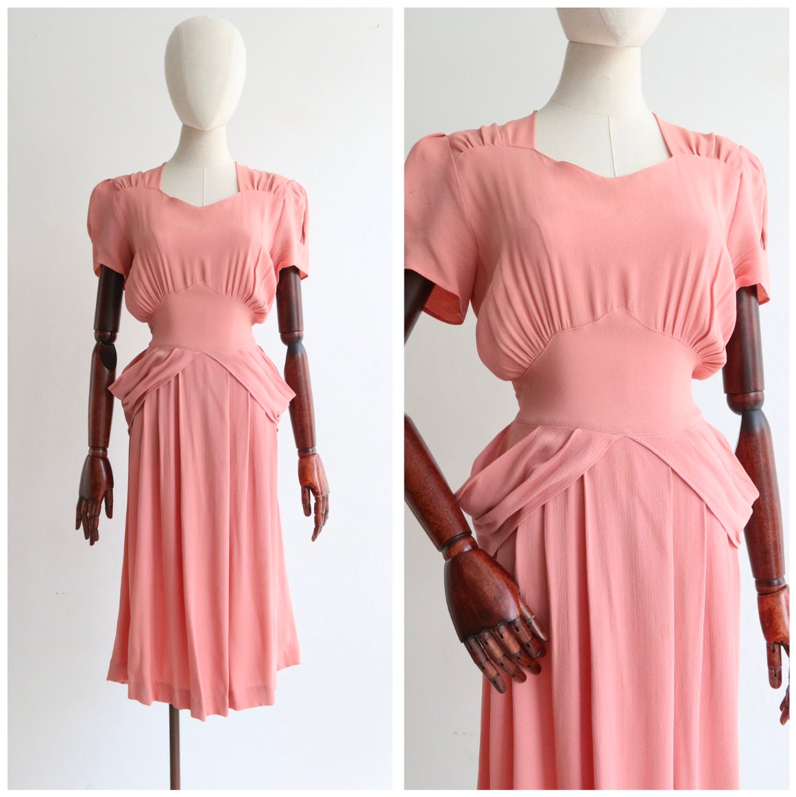 Vintage 1940's Crepe Silk Blush Pleated Dress UK 12 US 8 