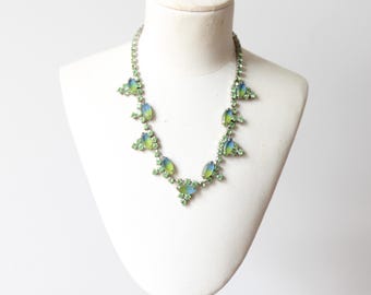 Vintage 1950's rhinestone necklace original 1950s green and blue claw set glass rhinestone necklace midcentury jewellery adjustable necklace