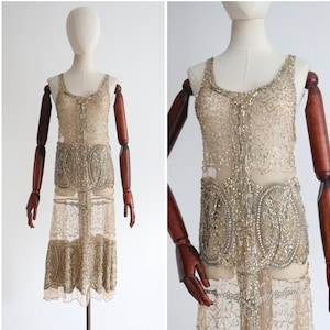 Vintage 1920&#39;s gold beaded dress original 1920&#39;s tulle beaded and sequin flapper dress roaring twenties gold flapper dress UK 6-8 US 2-4