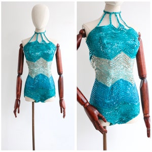 Vintage 1950&#39;s satin & sequin cocktail leotard UK 6 US 2 original 1950s 1950s sequins show girl costume vintage leotard vintage sequins
