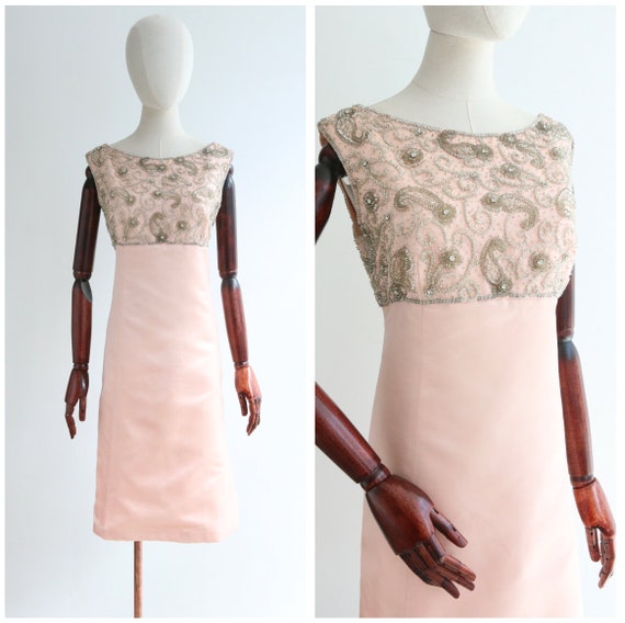 Vintage 1960s Pink Silk Malcolm Starr Beaded Dress U Gem 