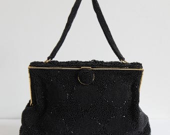 Vintage 1950's Black Beaded evening bag vintage 1950's black micro beaded cocktail bag black satin beaded diamond pattern handbag fifties