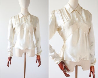 Vintage 1930's Blouse original 1930's cream rayon blouse rayon satin quilted blouse art deco 1930's fashion vintage 1930s UK 10 US 6