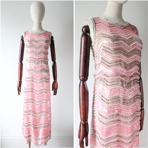 Vintage 1960&#39;s Pink and Pearl Sequin Beaded Dress original sixties beaded cocktail dress pink beaded dress silk organza dress UK 8-10 US 4-6
