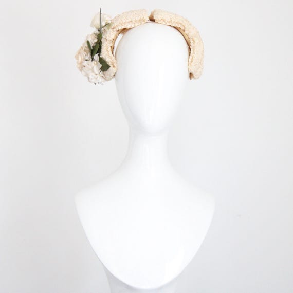 Vintage Cream Floral Raffia Hat Vintage 50s Cream Beige Raffia Hat With Net and Bow, Sanba  main image 4