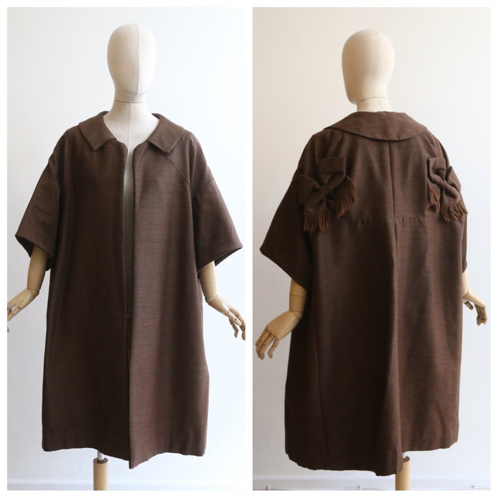 Image of Vintage 's Duster Coat Vintage Brown Swing Original S Over Bows Fifties Uk ---