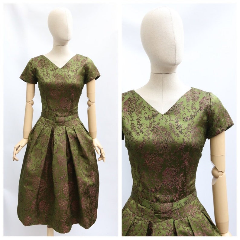 green brocade dress