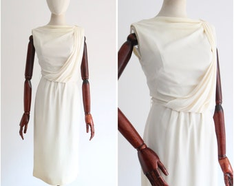 Vintage 1950's cream draped & pleated dress UK 8 US 4 original 1950s dress 1950s cream dress fifties vintage white dress vintage bridal