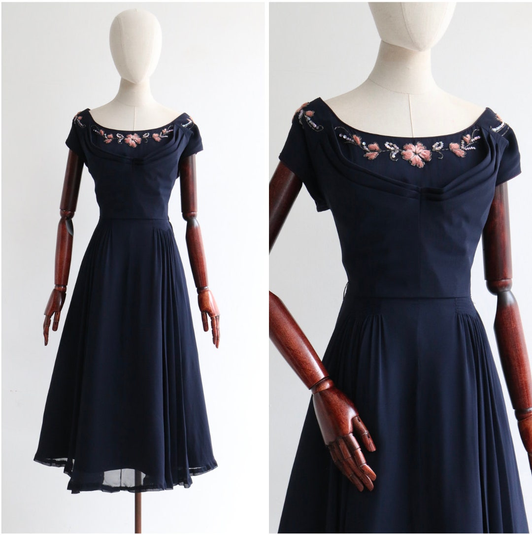 1940s Navy Blue Silk Dress