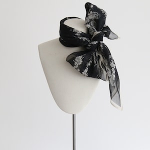 Vintage 1940&#39;s crepe silk monochrome floral scarf original 1940s scarf vintage floral scarf 1940s silk scarf vintage monochrome scarf