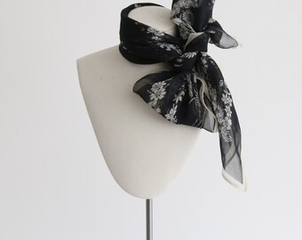 Vintage 1940's crepe silk monochrome floral scarf original 1940s scarf vintage floral scarf 1940s silk scarf vintage monochrome scarf