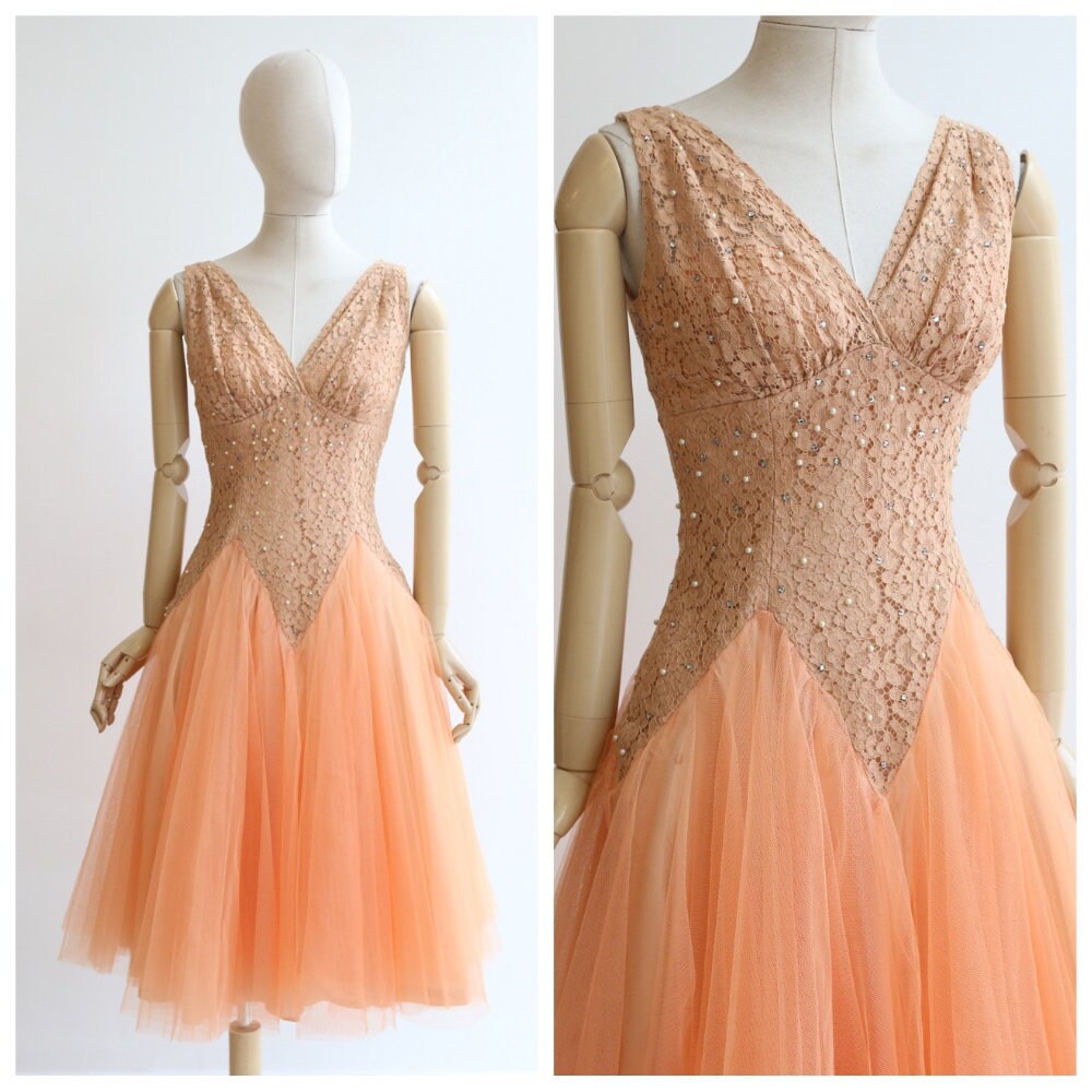 Image of Vintage 's Dressvintage Lilli Diamond Lace Tulle Dress Original Fifties Coutures Dress Cocktail Lace Tulle Skirt Uk -