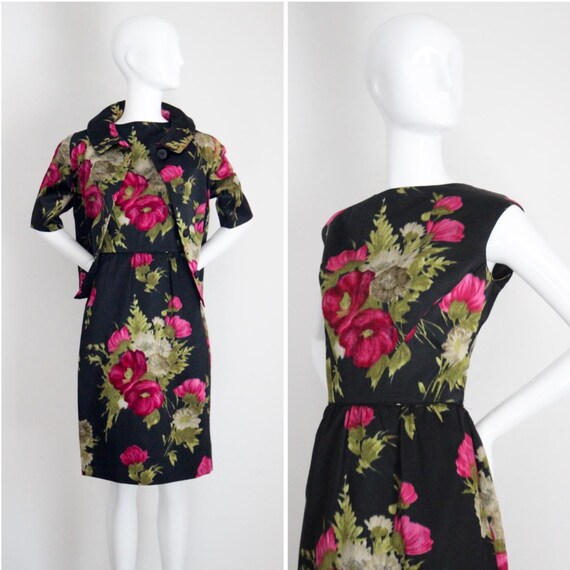 Vintage 1950's silk velvet floral dress & Jacket UK 10 US 6 original 1950s dress fifties  1950s jacket 1950s floral dress vintage dress