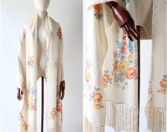 Vintage 1920's crema seda floral chal con flecos original Art Déco flor silvestre seda flecos chal flapper moda locos años veinte chal de seda