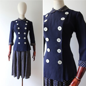 Vintage 1940&#39;s navy blue skirt suit double breasted polkadot skirt suit navy blue rayon and silk pleated skirt 1940&#39;s suit UK 8 US 4