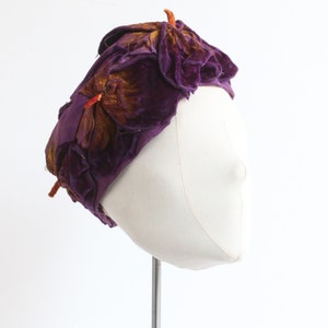 Vintage 1920&#39;s purple silk velvet & satin floral hat original 1920s hat 1920s velvet hat 1920s purple hat handprinted hat vintage velvet hat