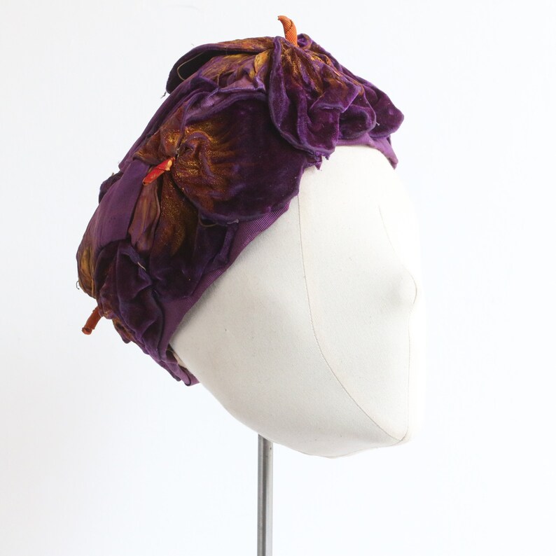 Vintage 1920's purple silk velvet & satin floral hat original 1920s hat 1920s velvet hat 1920s purple hat handprinted hat vintage velvet hat image 1