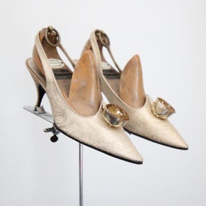 Vintage 1960&#39;s Christian Dior Kitten Heels Gold Lurex Rosette Sling Back Heels sixties Dior sling back shoes 1960s heels UK 4.5-5 US 6.5-7