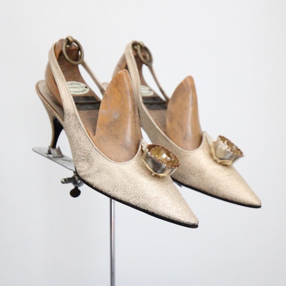 Vintage 1960's Christian Dior Kitten Heels Gold Lurex Rosette Sling Back Heels sixties Dior sling back shoes 1960s heels UK 4.5-5 US 6.5-7