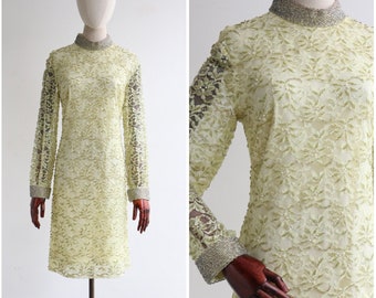 Vintage 1960's pale yellow lace beaded dress UK 10-12 US 6-8 original 1960s dress vintage beaded dress 1960s beaded dress sixties dress
