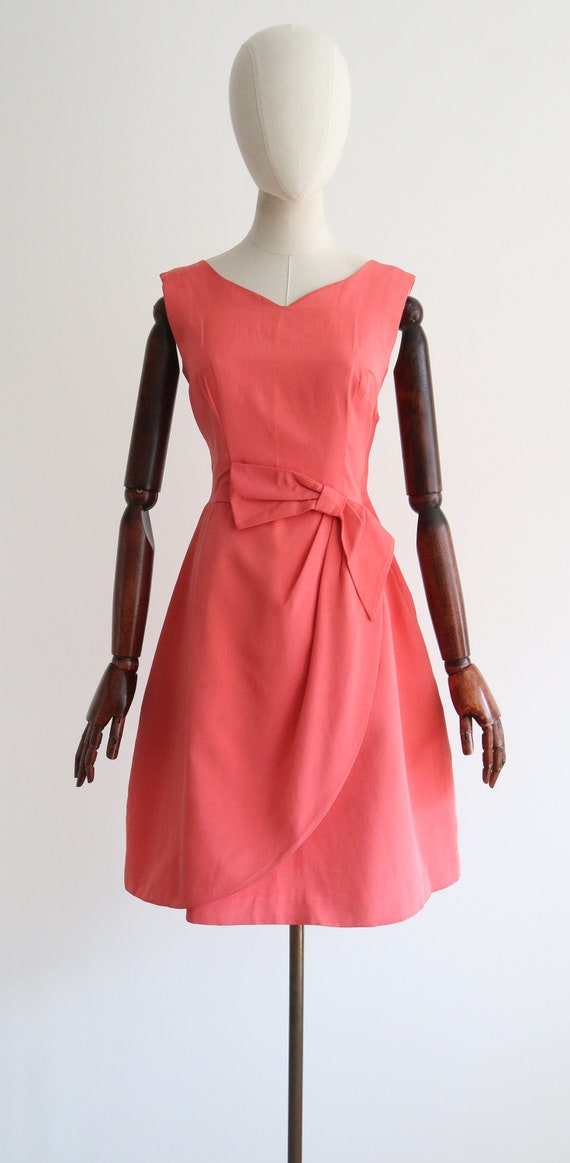 1950s Coral Silk Satin Bow Dress