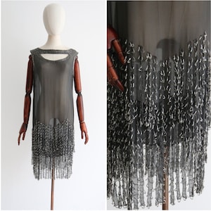 Vintage 1920's Dress Beaded flapper Roaring twenties Evening tiered beaded twenties art deco fringed dress vintage silk chiffon UK 12 US 8