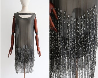 Vintage 1920&#39;s Dress Beaded flapper Roaring twenties Evening tiered beaded twenties art deco fringed dress vintage silk chiffon UK 12 US 8