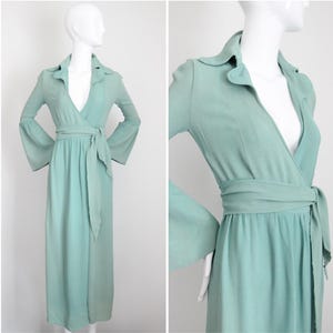 Vintage 1970s Ossie Clark for Radley Moss Crepe Eau De Nil Wrap Dress 1970s wrap dress osier clark design wrap dress UK 8 US 4