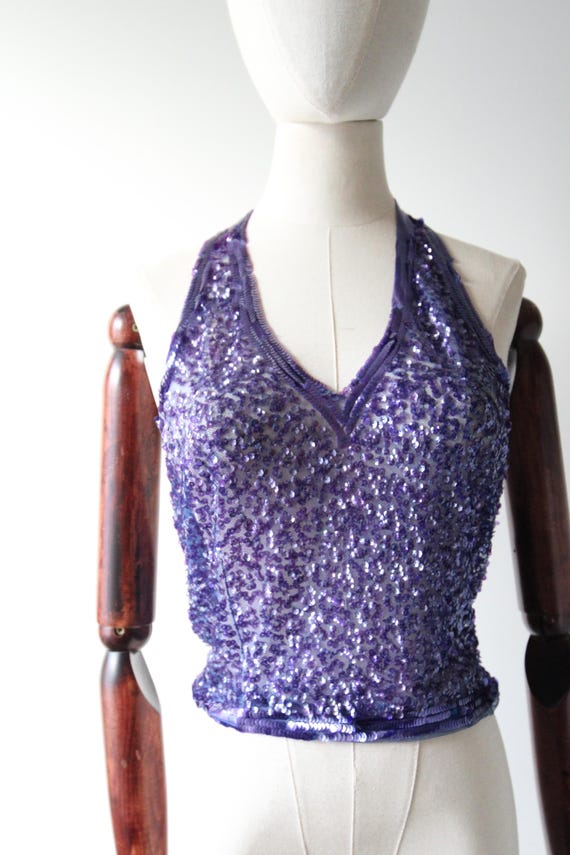 Vintage Chevron Sequin Semi Sheer Blouse Black Purple 12 14