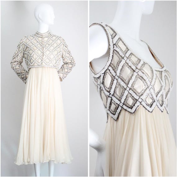 Vintage 1960's cream silk chiffon and glass beaded empire line dress and matching jacket 1960s cream silk beaded dress and jacket UK 10 US 6