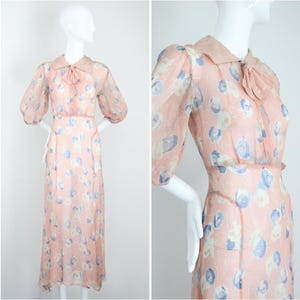 Vintage 1930's blush pink and blue floral dress UK 8 US 4 original 1930s dress 1930s floral dress Art Deco fashion vintage floral dress