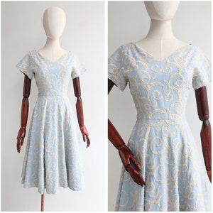 Vintage 1950&#39;s pale blue & cream embroidered dress UK 6-8 US 2-4 1950s dress vintage dress embroidered dress fifties dress 1950s fashion