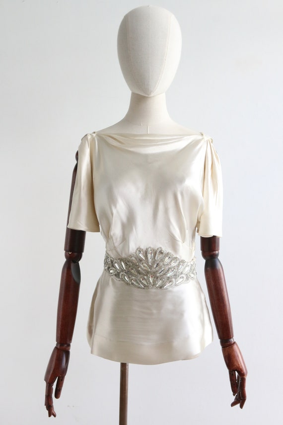 Vintage 1940's ivory satin beaded cowl blouse UK … - image 3