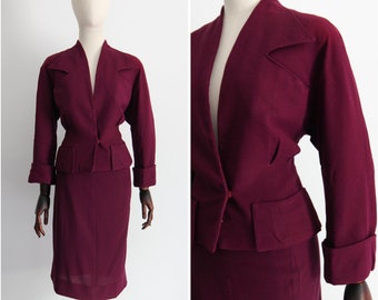Vintage 1940's plum skirt suit vintage 1940s fitted deep burgundy wool crepe skirt suit tailored jacket and matching skirt UK 8-10 US 4-6