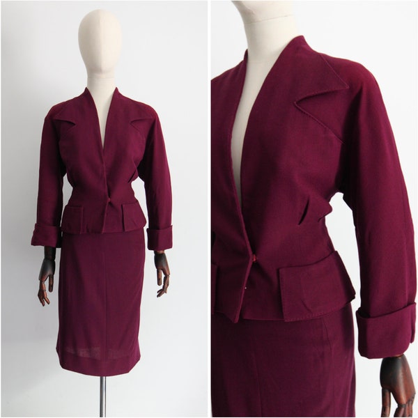 Vintage 1940's plum skirt suit vintage 1940s fitted deep burgundy wool crepe skirt suit tailored jacket and matching skirt UK 8-10 US 4-6