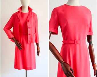 Vintage 1960's coral amaranth dress & jacket set UK 10 US 6 original 1960s dress original 1960s jacket vintage dress and jacket set sixties