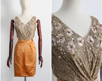 Vintage 1950's Ceil Chapman Dress vintage 1950's sequin bodice beaded satin dress gold satin beaded cocktail Ceil Chapman couture UK 6 US 2