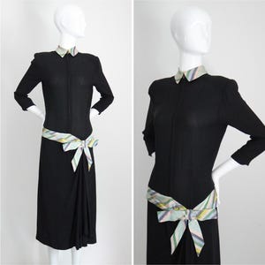Vintage 1940&#39;s Black Crepe Silk Dress Taffeta Pastel striped details pastel silk bow dress 1940s bow dress forties fashion UK 10 US 6