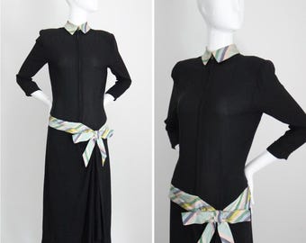 Vintage 1940's Black Crepe Silk Dress Taffeta Pastel striped details pastel silk bow dress 1940s bow dress forties fashion UK 10 US 6