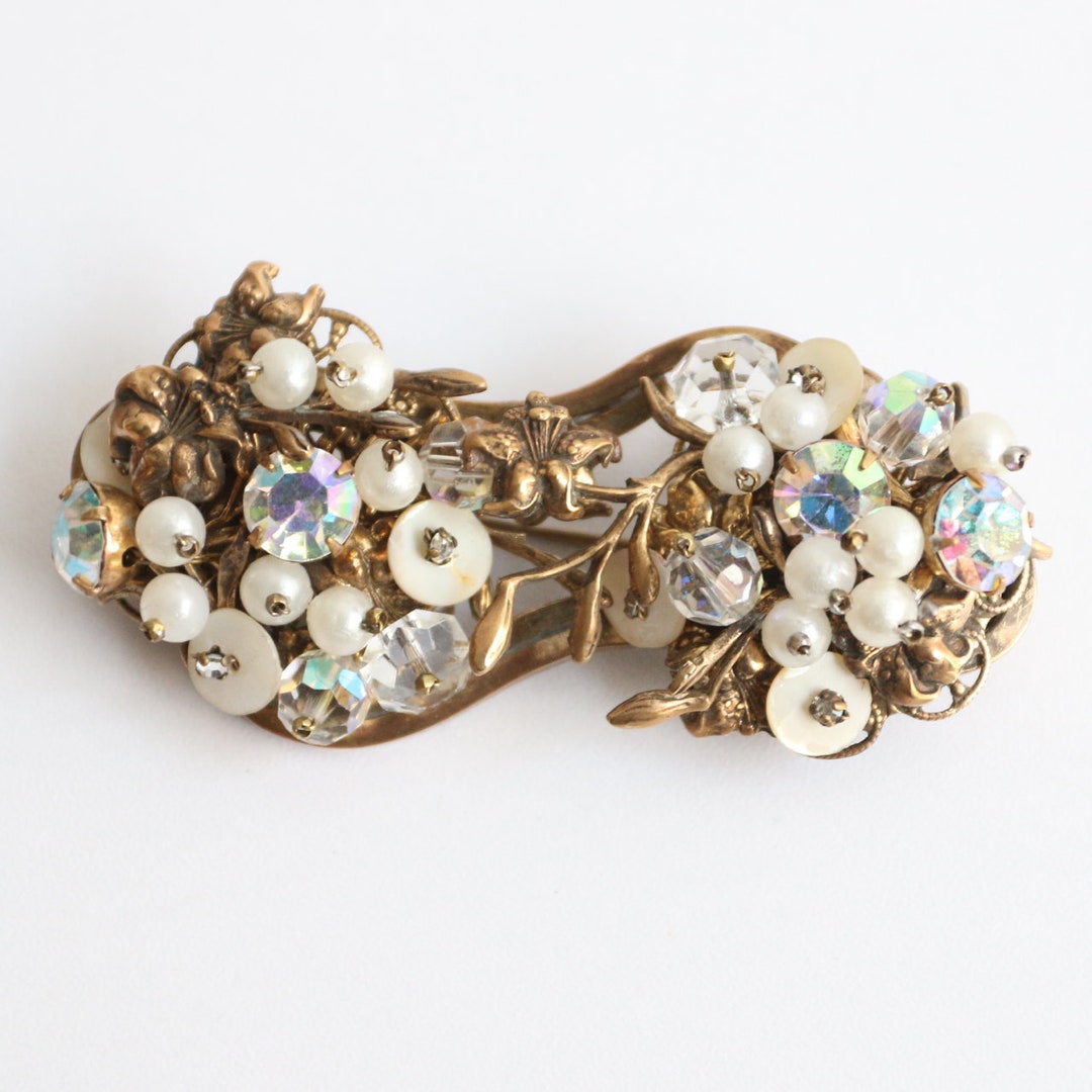 1940's　mother of pearl tulip clip brooch ys31 Vintage 1940'S Mother Of Pearl Tulip Motif Clip Brooch