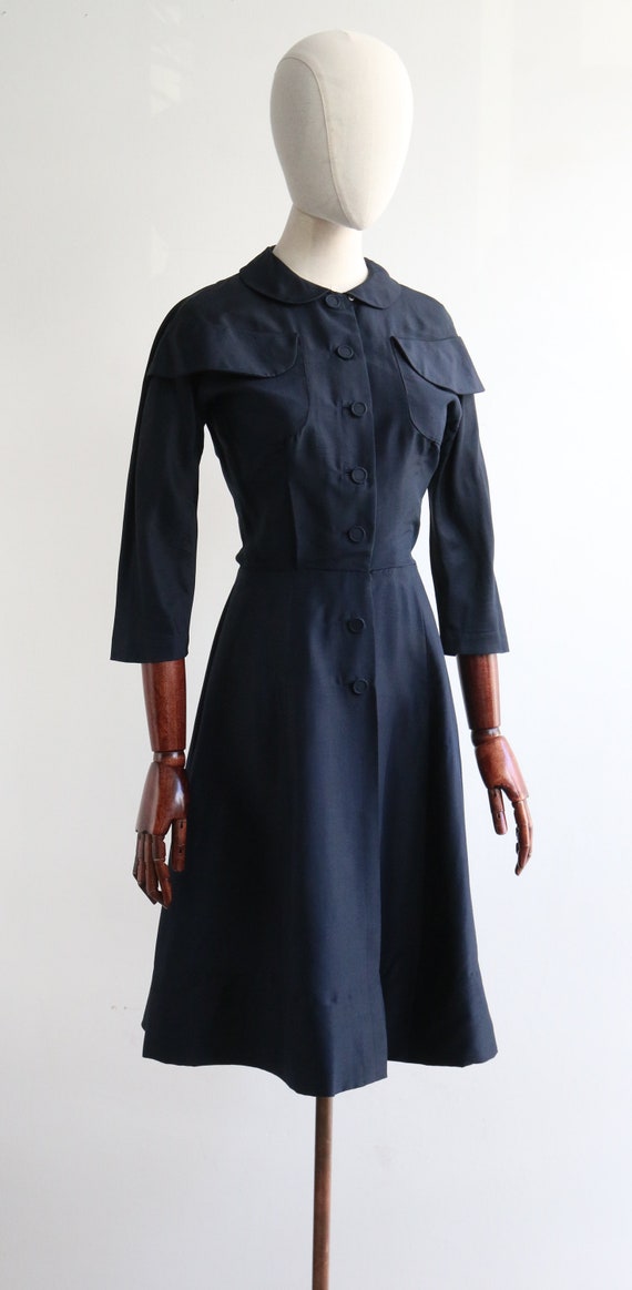 Vintage 1950's navy blue silk pocket detail dress… - image 5