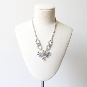 Vintage 1950s Silver and Blue Rhinestone statement necklace 1950 midcentury crystal rhinestone necklace blue jewel necklace costume necklace
