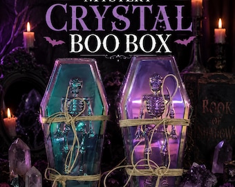 Coffret cadeau mystérieux en cristal pour Halloween : cristaux, roches, géodes, amas effrayants, crânes, squelettes, fête.