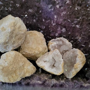 Peut inclure: Une collection de cinq géodes blanches et beiges avec un intérieur en quartz clair, nichées dans un lit de cristaux d'améthyste violets.