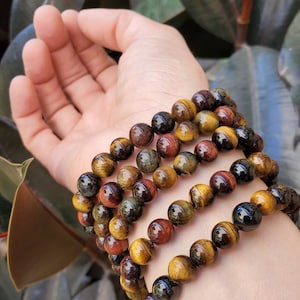 Véritable bracelet de pierres précieuses oeil de tigre bracelet perlé de qualité supérieure jaune bleu et rouge bracelet de triple protection oeil de tigre