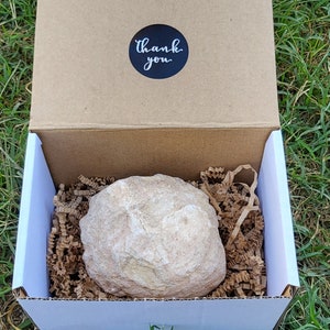 May include: A white geode crystal is nestled in brown packing paper inside a white cardboard box with a brown cardboard lid. The lid has a black sticker with the text "thank you" in white.