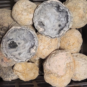 May include: A collection of geodes, some split open to reveal sparkling crystal interiors. The outer shells are rough and beige, while the exposed crystals shimmer with shades of gray and white. The geodes are arranged in a black container.