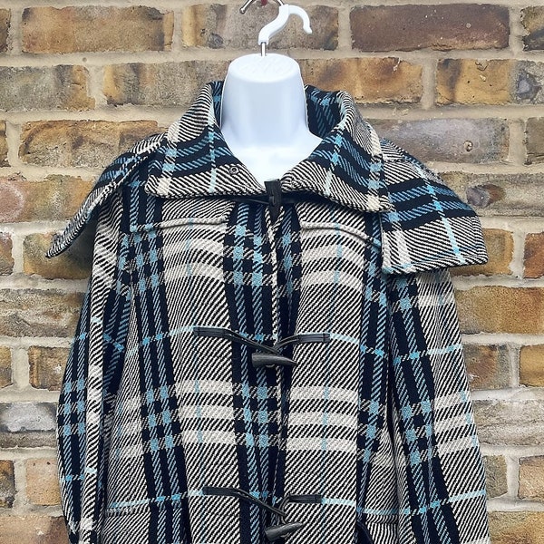 Vintage 1990's "Burberry" Top quality duffle style lambs wool parker coat in blue/black and white check plaid pattern Size UK 10